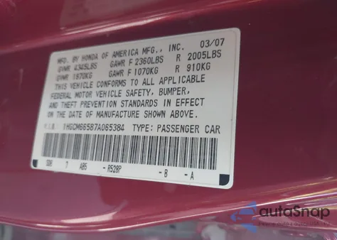 2007 Honda Accord 3.0 Ex z USA, uszkodzony, nr VIN 1HGCM66587A065384